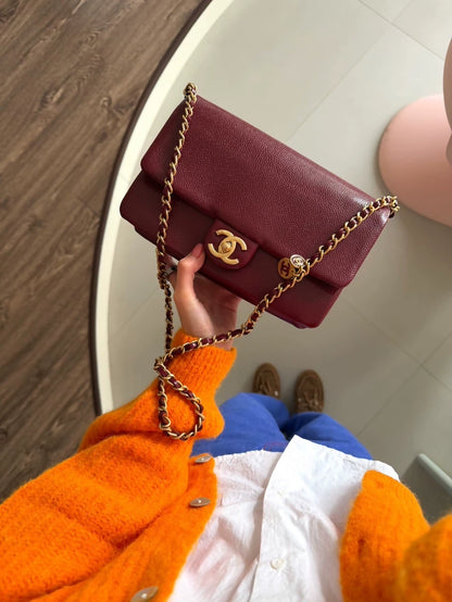 Chanel grained leather burgundy red gold hardware