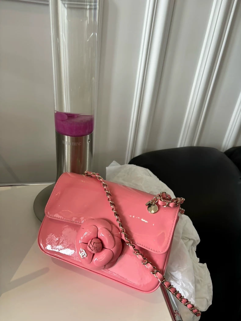 Chanel 23K Pink Camellia patent leather Mini flap bag CF