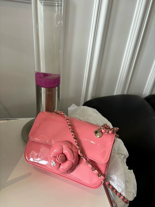Chanel 23K Pink Camellia patent leather Mini flap bag CF