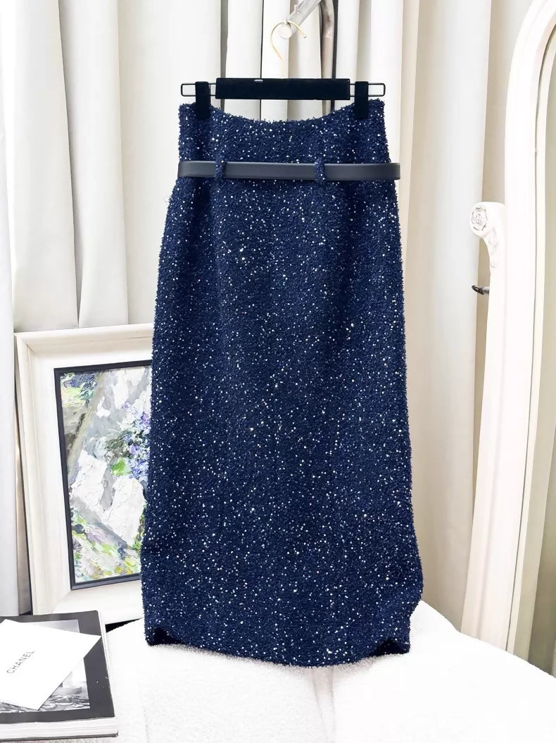 Chanel 17k Sequin Blue tweed Belt Skirt