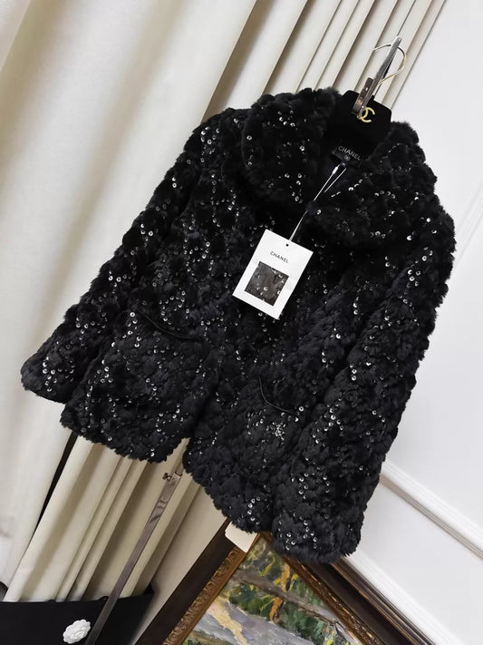 Chanel 25N Coco Neige Ski Collection Black Sequin Logo Fur Jacket