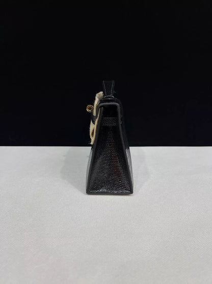 Hermes Kelly Pochette Black Lizard leather gold hardware