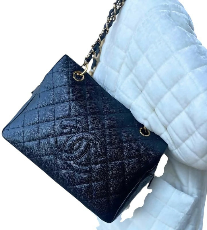 Chanel PPT Black Quilted Caviar Leather Petite Timeless Shopping Tote Bag GHW