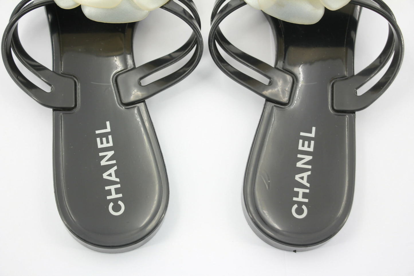 Chanel Rubber Black Leather Cream Camellia Sandals