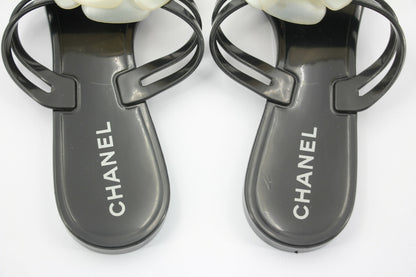 Chanel Rubber Black Leather Cream Camellia Sandals