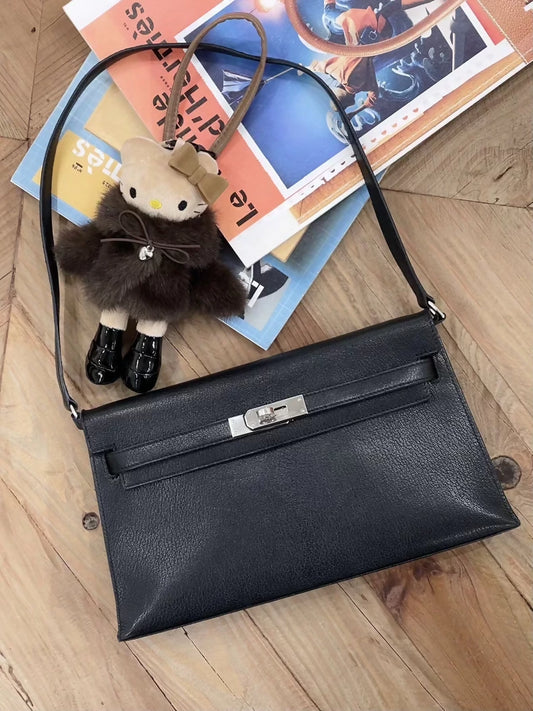 Hermès Kelly Elan black chèvre leather palladium hardware