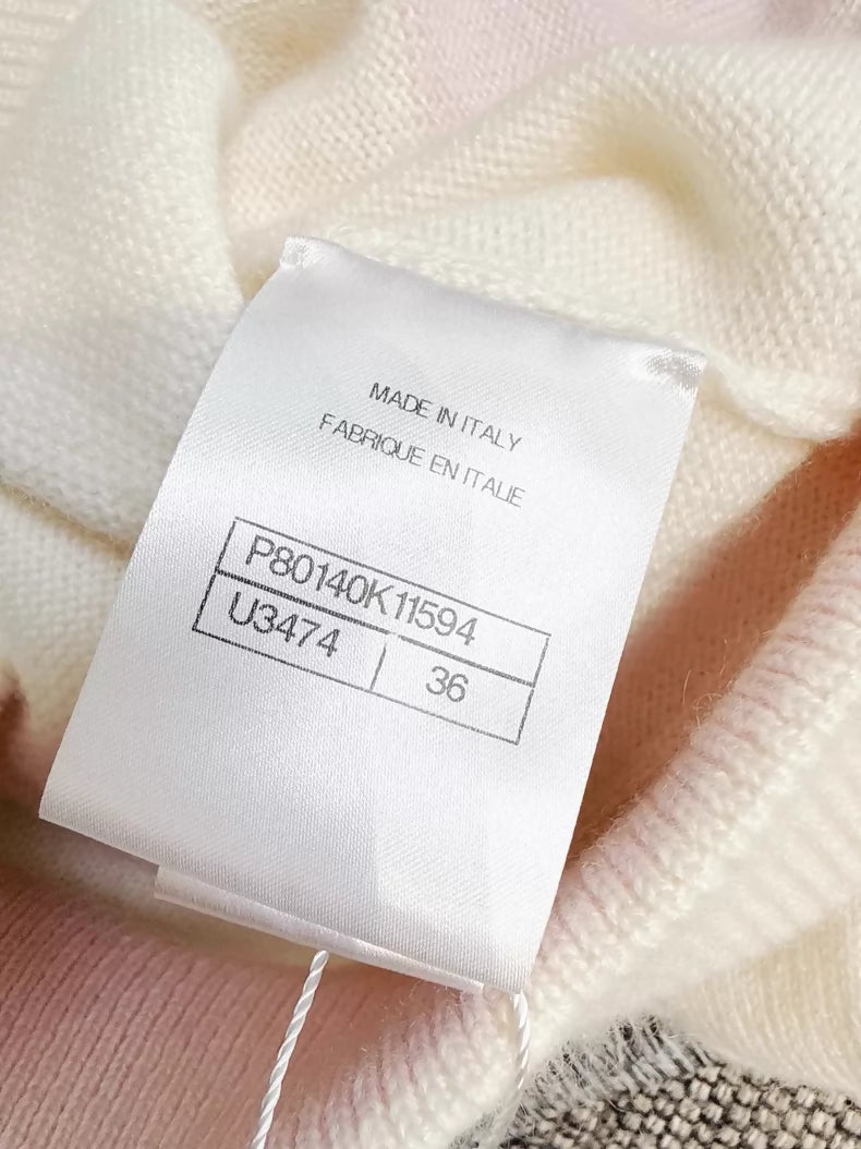 Chanel 25B white cashmere cardigan with pink trim