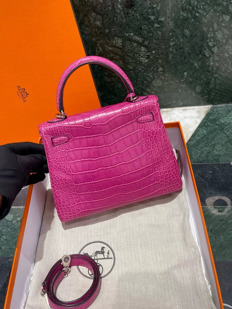 Hermes Kelly 25 L3 Rose Pourpre Matte Alligator leather palladium hardware