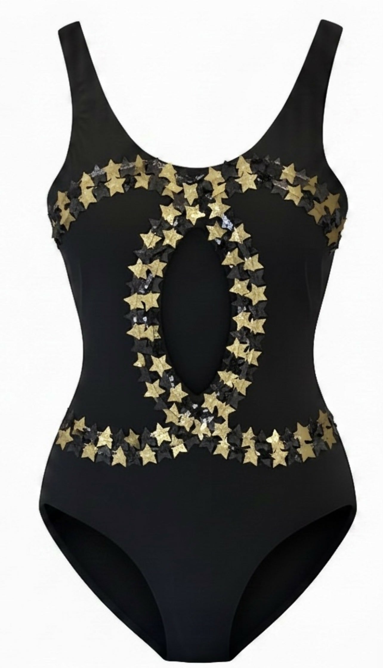 CHANEL 24C RUNWAY NEW TAGS BLACK GOLD STAR APPLIQUÉ SWIMSUIT FR 34