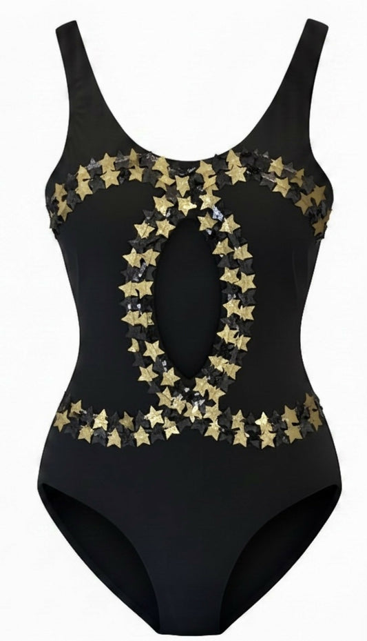 CHANEL 24C RUNWAY NEW TAGS BLACK GOLD STAR APPLIQUÉ SWIMSUIT FR 34