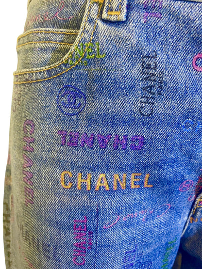 CHANEL 22P Blue & Multicolor Logo Printed Denim Jeans FR 40