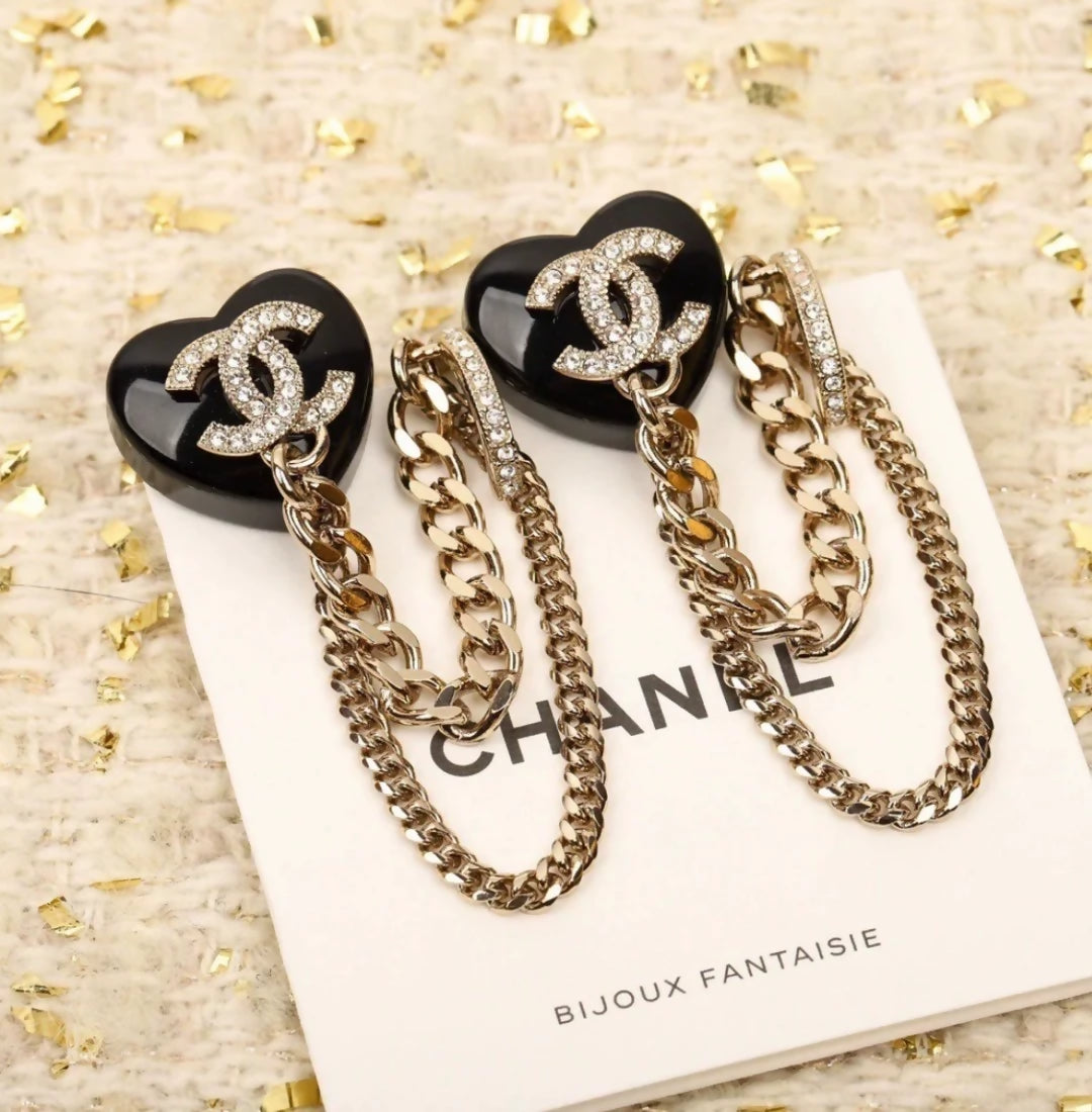 CHANEL 22B black rhinestone heart long chain earrings
