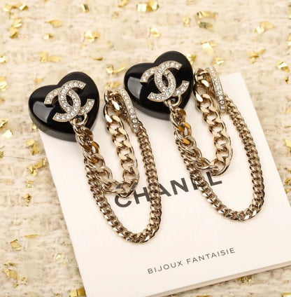 CHANEL 22B black rhinestone heart long chain earrings