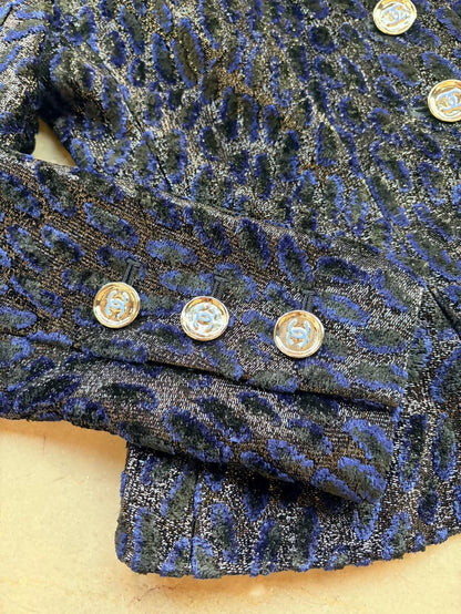 Chanel 23A Navy Blue Leopard Print Velvet Jacket