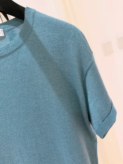 Brunello Cucinelli BC Peacock Green Shimmery Cashmere Knit Short-Sleeve T-Shirt