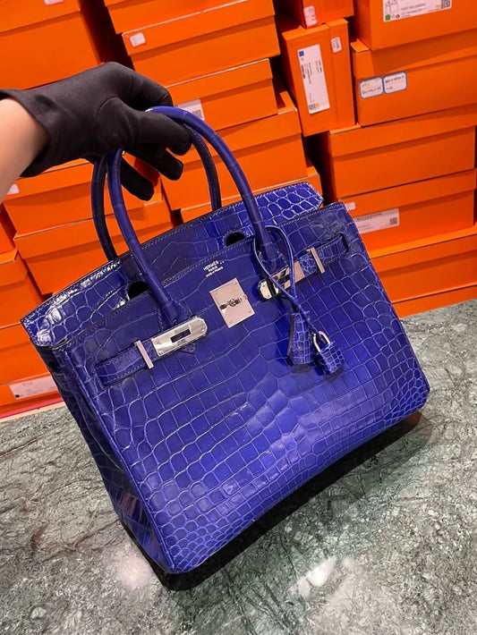 Hermes Birkin 30 Blue electric shiny crocodile leather palladium hardware