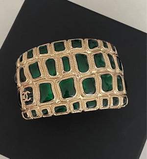 Chanel 2019 Wide Bangle in Green Enamel Heavy Craftsmanship