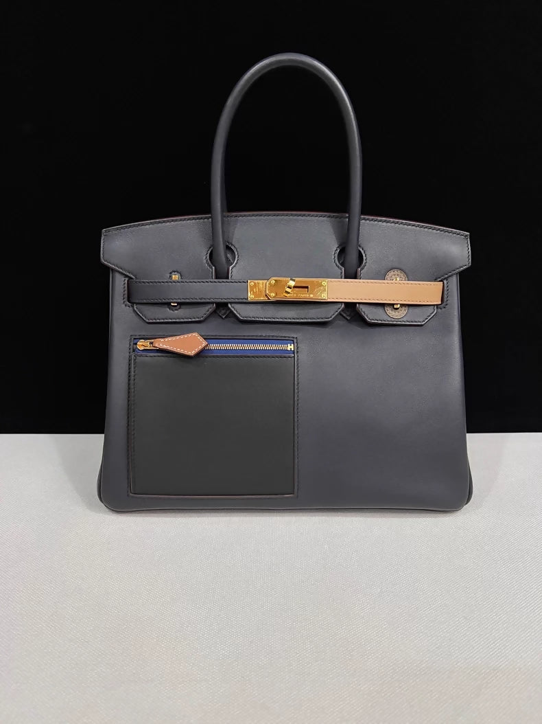 Hermes Birkin 30 Colormatic Blue/Black/Chai/Etoupe grey/Gold Swift leather Silver hardware