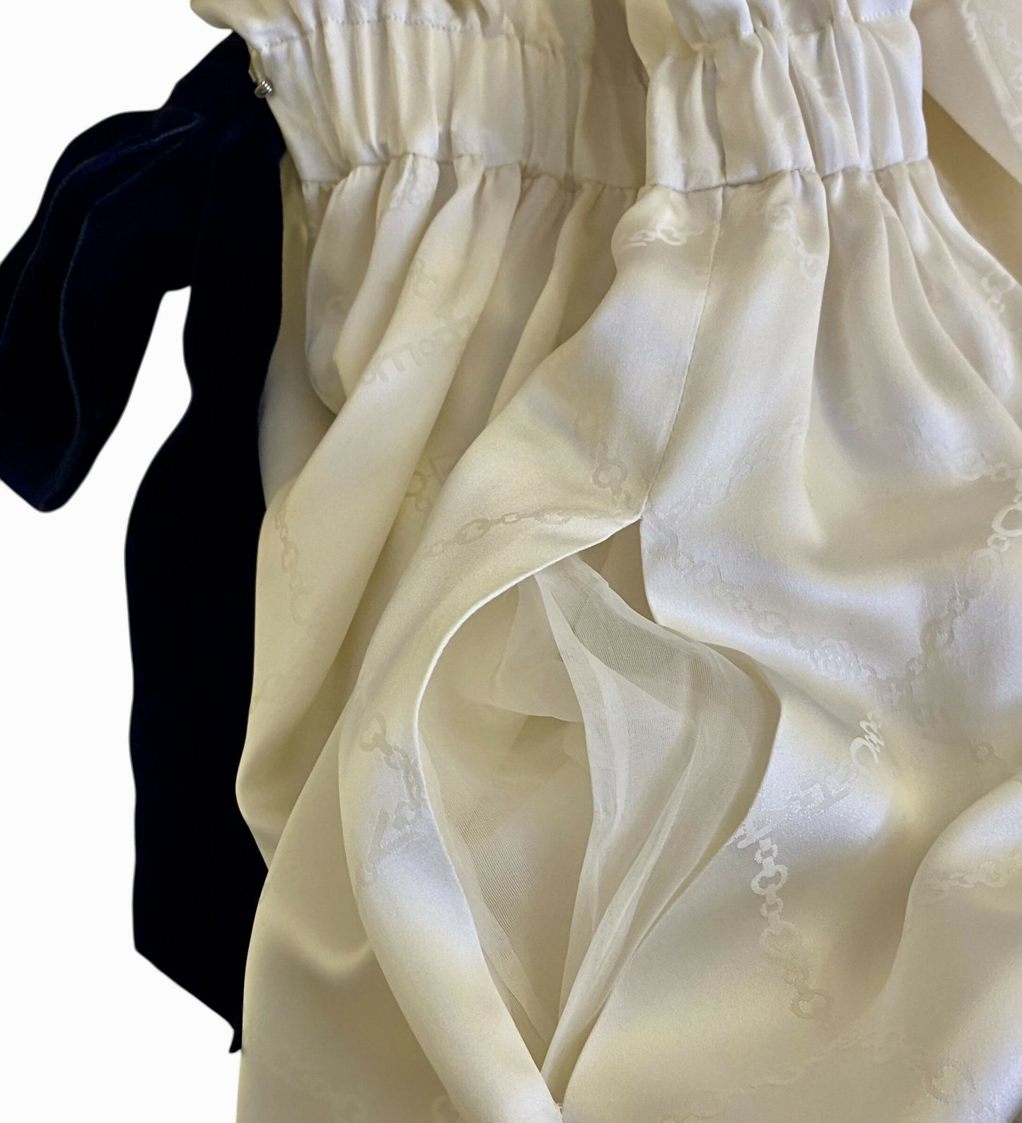 Chanel 23C Ecru Jacquard Silk CC Logo Velvet Bow Blouson Dress FR 40