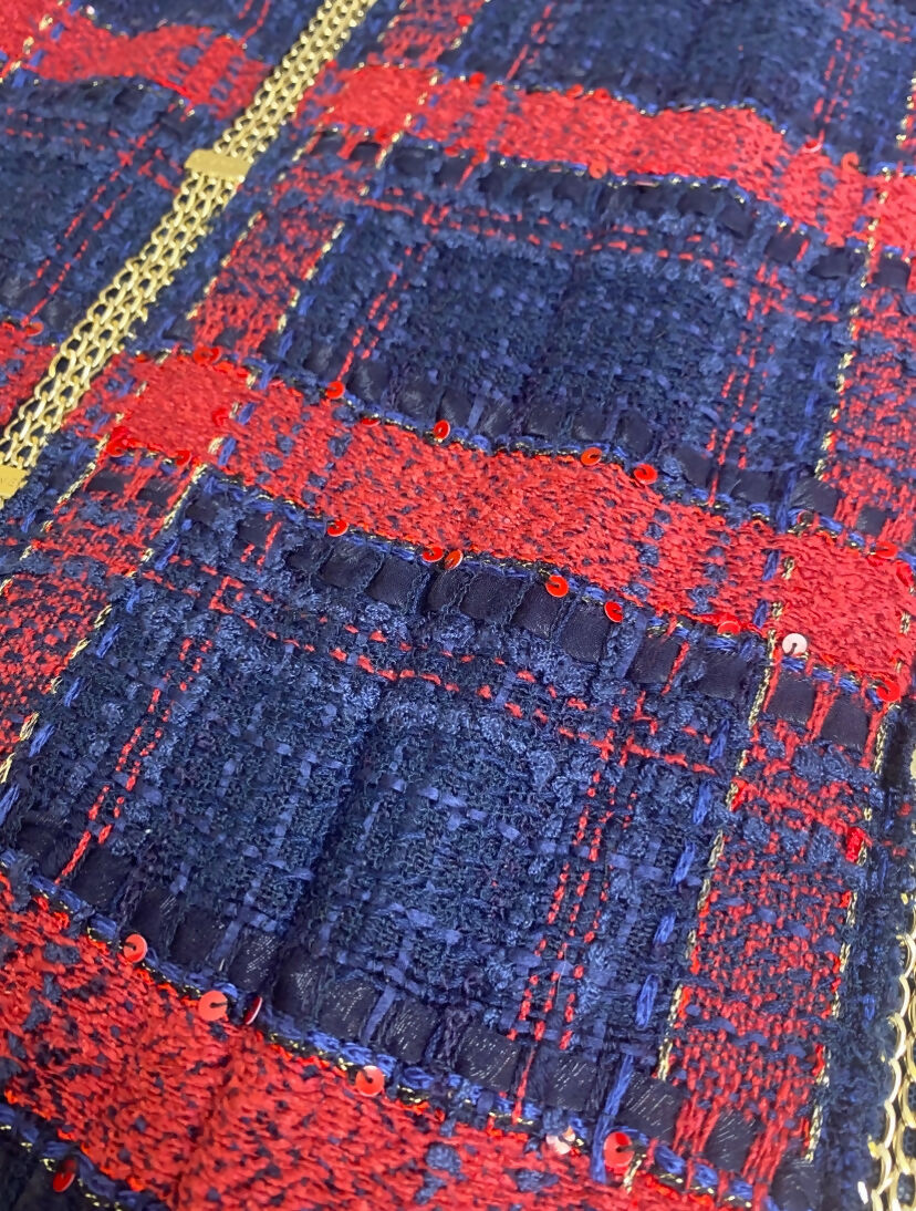 RARE CHANEL 08P RUNWAY BLUE RED GOLD CC CHAINS TWEED JACKET FR 44