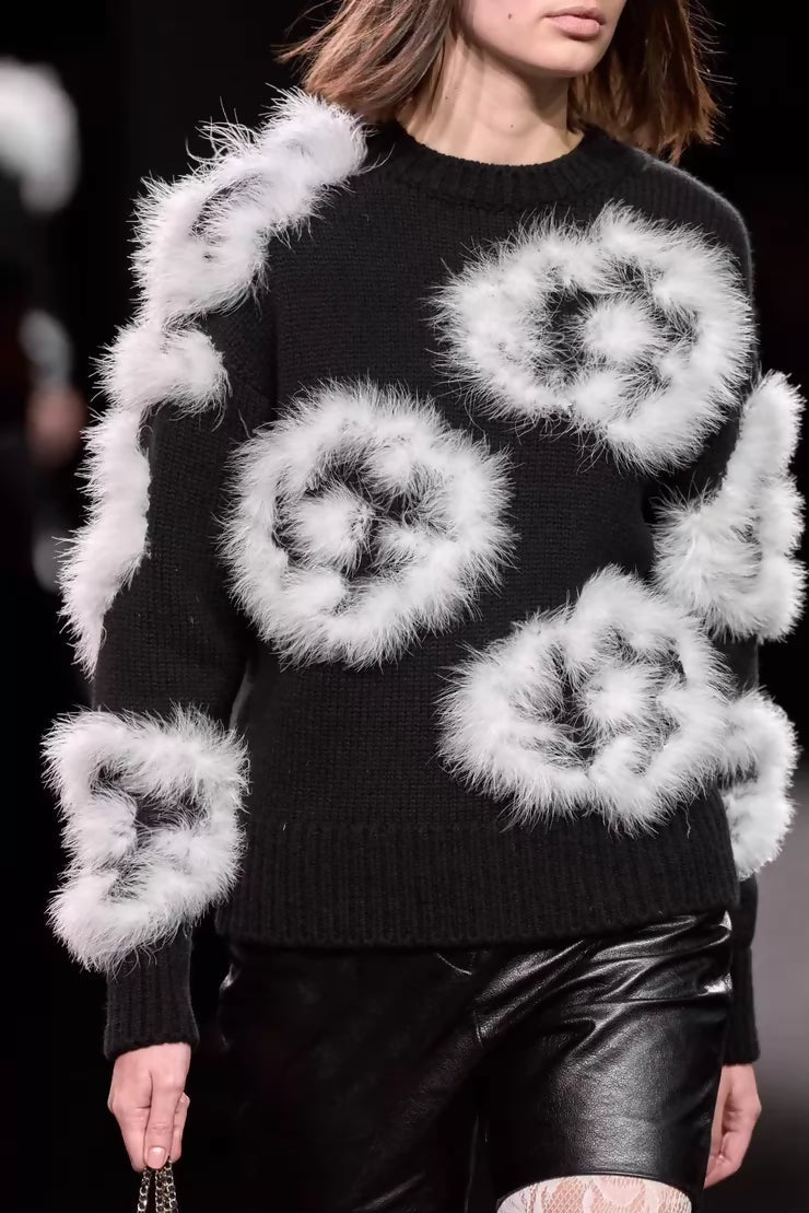 Chanel 23K white ostrich feather black camellia sweater