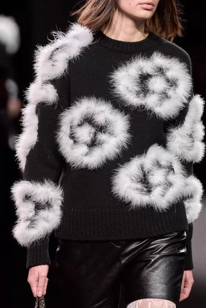 Chanel 23K white ostrich feather black camellia sweater