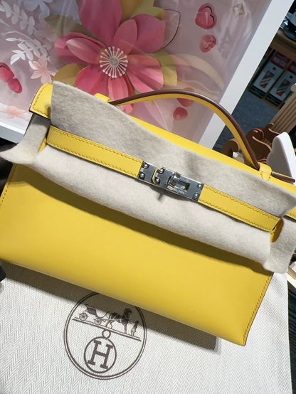 Hermes Kelly Pochette yellow swift leather palladium hardware