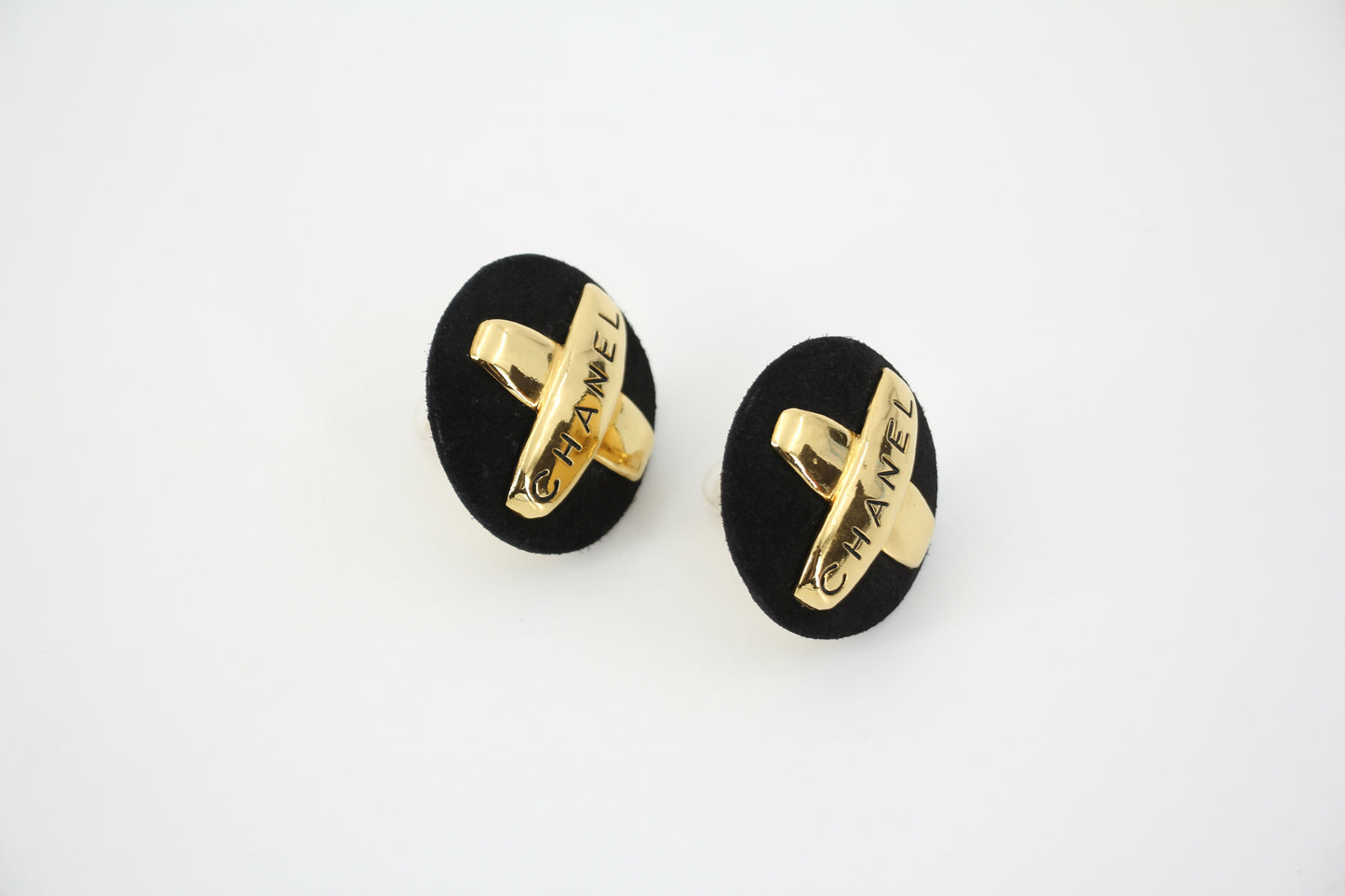 Chanel Vintage 91-92 Velvet Gold Plated Cross Large Round Black Earrings