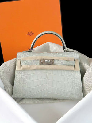 Hermès Mini Kelly 20 Gris Gloss / Gris Crystal Matte Porosus Crocodile with Palladium Hardware