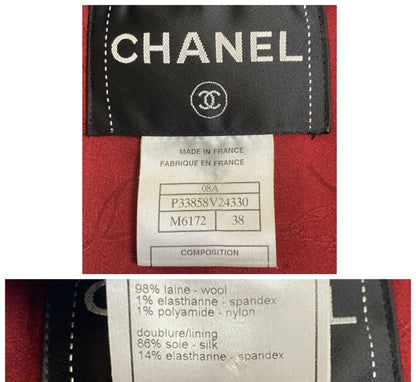 CHANEL 08A BURGUNDY GREY BRAIDED TRIM TWEED JACKET BLAZER FR 38