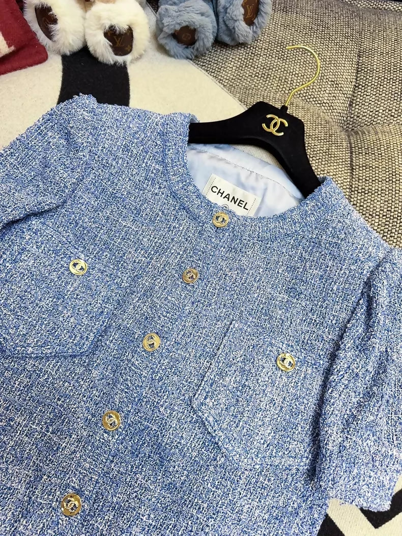 Chanel 24P Blue Tweed Short-Sleeved Jacket