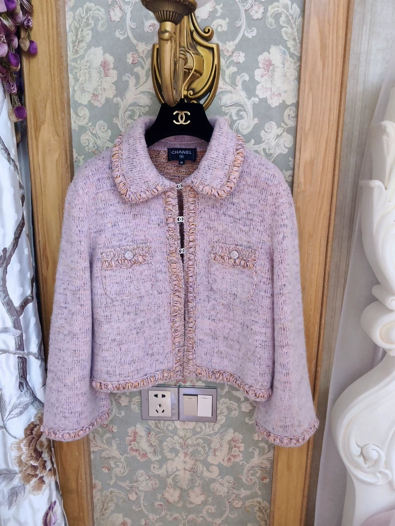 Chanel 25B rhinestone button pink knit cardigan