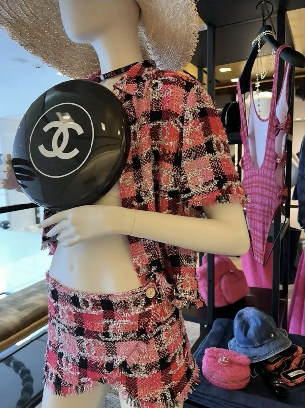 Chanel 22M Coco Beach CC Logo Pink Sequin Fantasy Tweed Blouse Vest FR 36