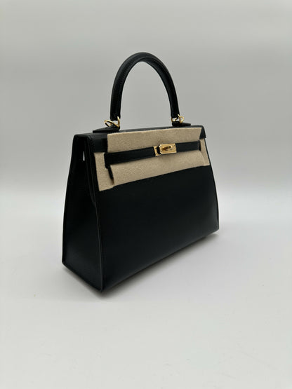 Hermes Kelly 25 Chevre mysore black ghw stamp K
