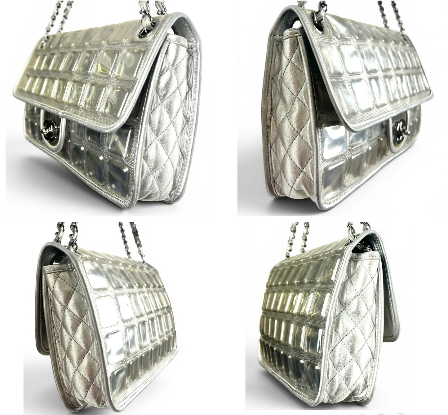 ICONIC Chanel 08C Medium Ice Cube Metallic Silver PVC Calfskin Classic Single Flap Bag