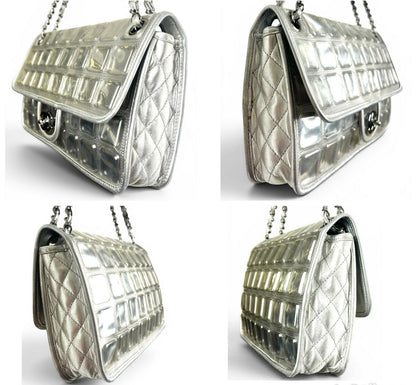 ICONIC Chanel 08C Medium Ice Cube Metallic Silver PVC Calfskin Classic Single Flap Bag