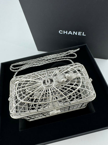 Chanel 2025 Rhinestone and Metal Embellishments Sliver Birdcage Minaudière Bag