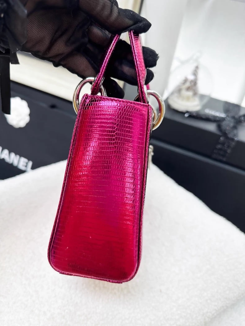 Lady Dior mini lizard skin electric rose pink