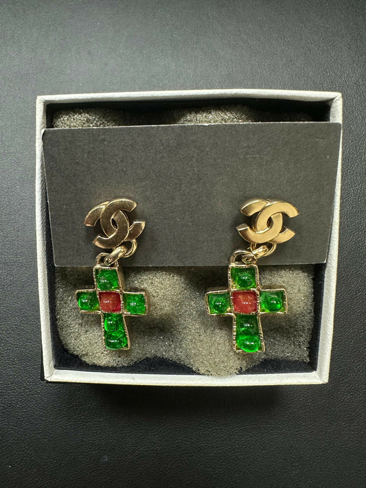 Chanel Vintage 02P Gripoix Green and Red Gilt Crucifix Stud Earrings
