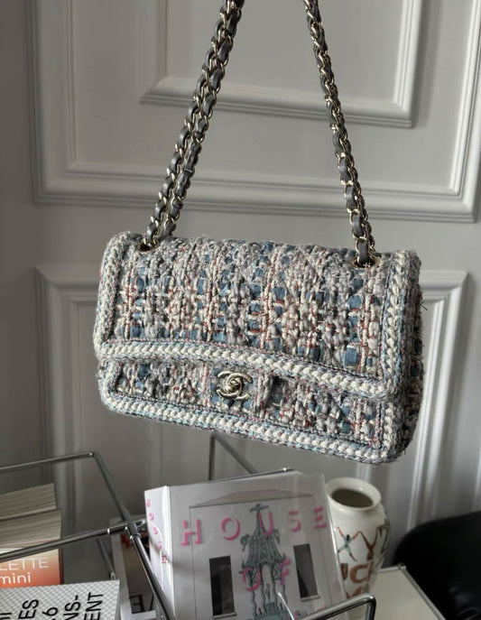 CHANEL Chanel Classic Double Flap Bag Braided Quilted Tweed Medium - Medium Crossbody Bag - Secondhand luxury from Wararni