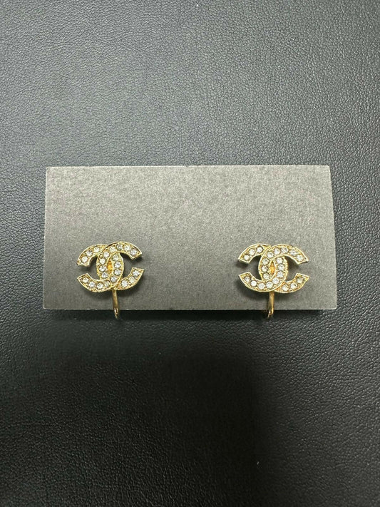 Chanel Vintage 71-80 Rhinestone & Gold-Plated Large CC Clip-on Earrings