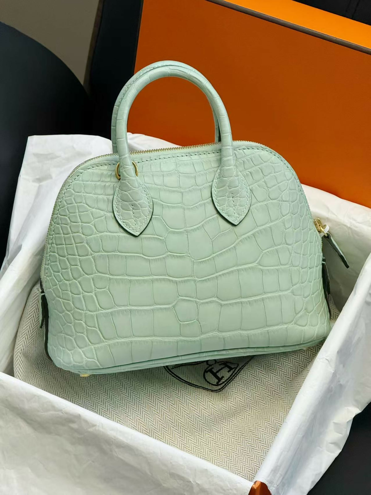 Hermès Mini Bolide Vert Criquet (6U) Matte Crocodile with Gold Hardware