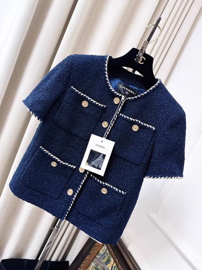 Chanel 25A navy blue tweed vest with fine shimmer and white gold trim