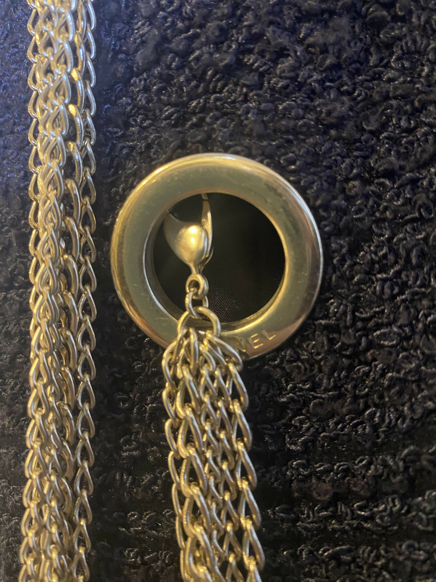 CHANEL 08P RUNWAY BLACK TWEED DRESS GOLD CC LOGO CHAINS FR 50