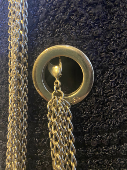CHANEL 08P RUNWAY BLACK TWEED DRESS GOLD CC LOGO CHAINS FR 50