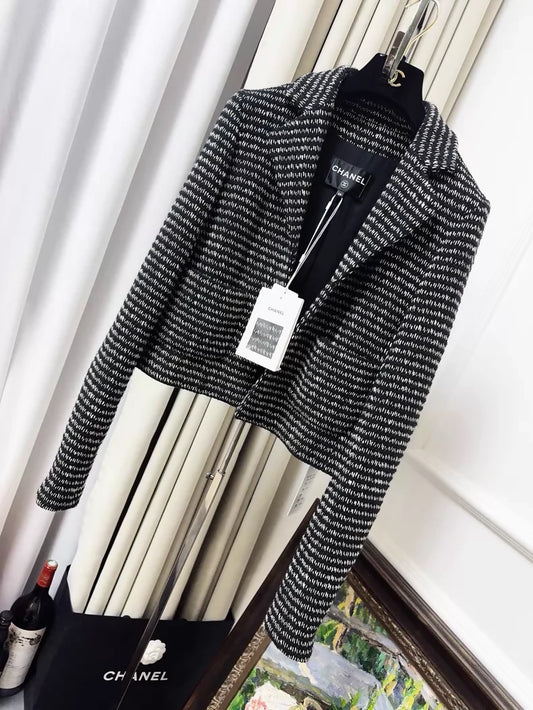 Chanel 23A Black and White Iridescent Striped Tweed Jacket