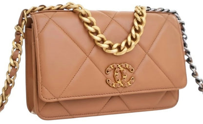 Chanel 19 Caramel Lambskin 21P Wallet On Chain WOC Mixed Metal Hardware