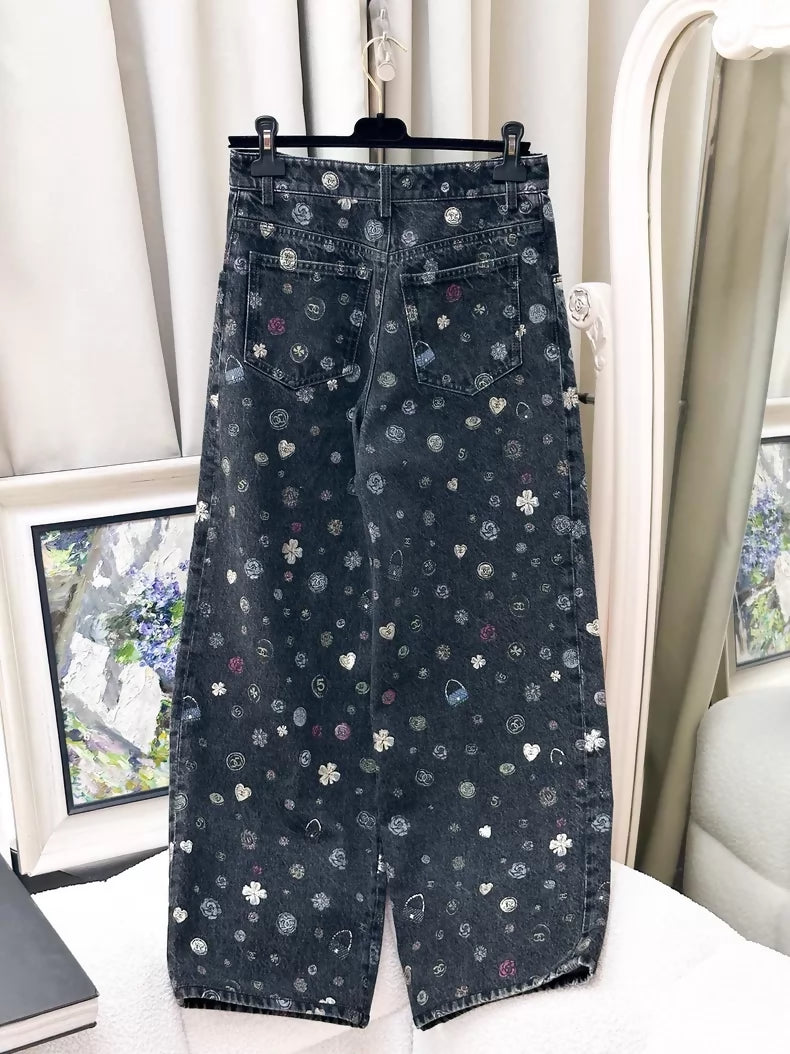 Chanel 25B black print graffiti wide-leg jeans