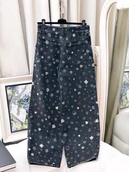 Chanel 25B black print graffiti wide-leg jeans