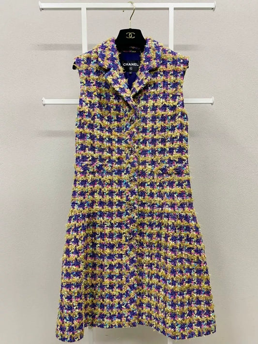 Chanel 22A gold, yellow and purple shiny houndstooth tweed vest dress